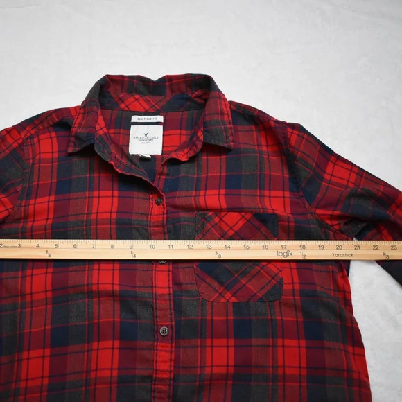 American Eagle Plaid Boyfriend Fit Shirt Button Down Sz L Cotton Blend Preppy - Picture 13 of 15